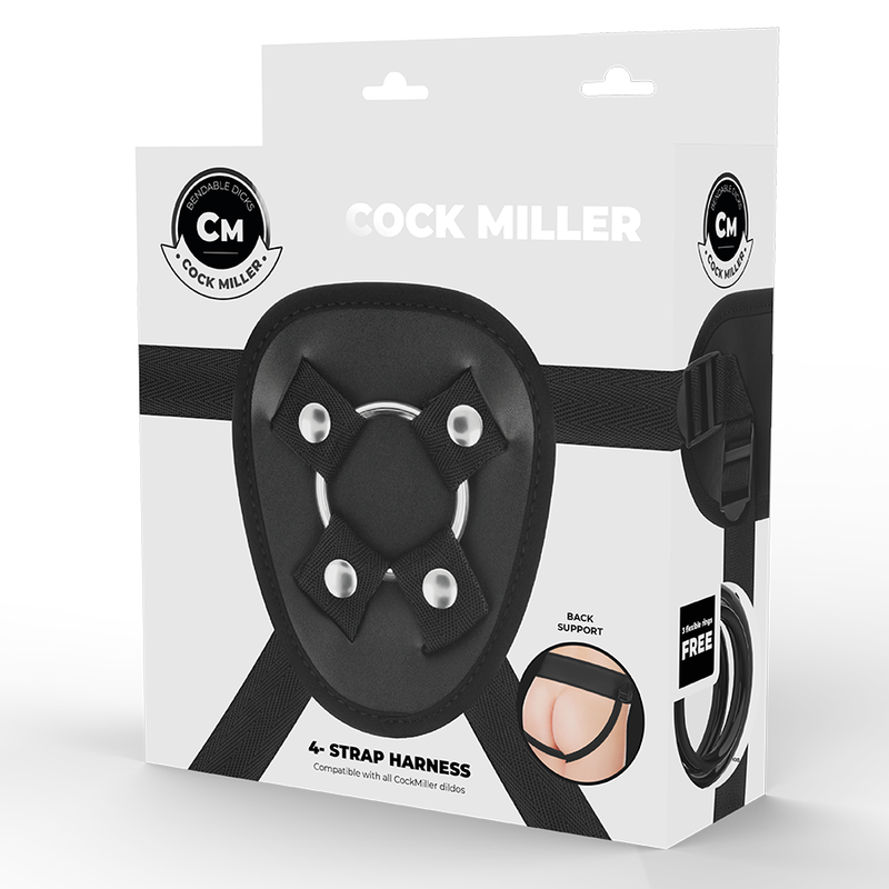 COCK MILLER - HARNESS + SILIKONDICHTE, ARTIKULIERBARES SCHWARZES COCKSIL 18 CM