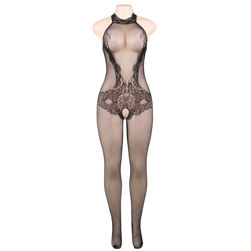 QUEEN LINGERIE - BODYSTOCKING WITH OPENING AND FLORAL LACE S/L