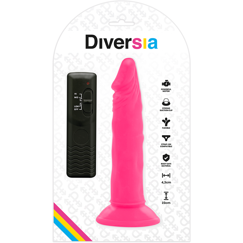 DIVERSIA - DILDO FLEXÍVE COM VIBRAO ROSA 23 CM -O- 4.3 CM