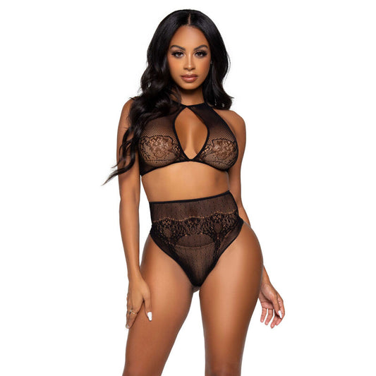 LEG AVENUE - TWO PIECE HALTER CROP TOP AND THONG PANTY SET ONE SIZE