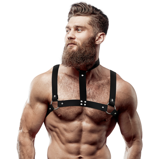 FETISH SUBMISSIVE ATTITUDE - ADJUSTABLE ECO LEATHER CHEST HARNESS WITH COLLAR FOR MEN