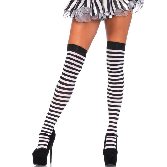 LEG AVENUE - BLACK/WHITE STRIPED THIGH SOCKS