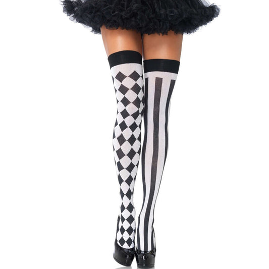 LEG AVENUE - BLACK/WHITE HARLEQUIN THIGH SOCKS