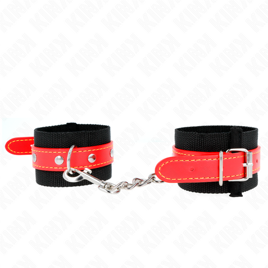 KINK - BLACK NYLON CUFFS WITH RED LEATHER ADJUSTABLE 19-24 CM X 5.5 CM