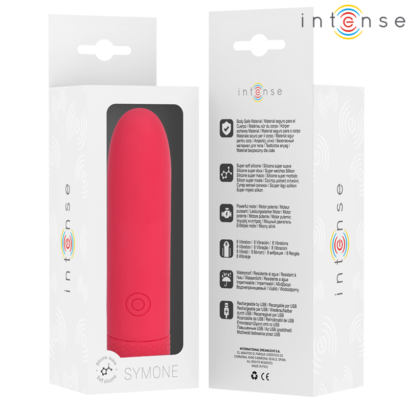 INTENSE - SYMONE USB RECARREGÁVEL VIBRATÓRIA BULLET 8 VIBRAÇÕES VERMELHO 10 X 2,2 CM