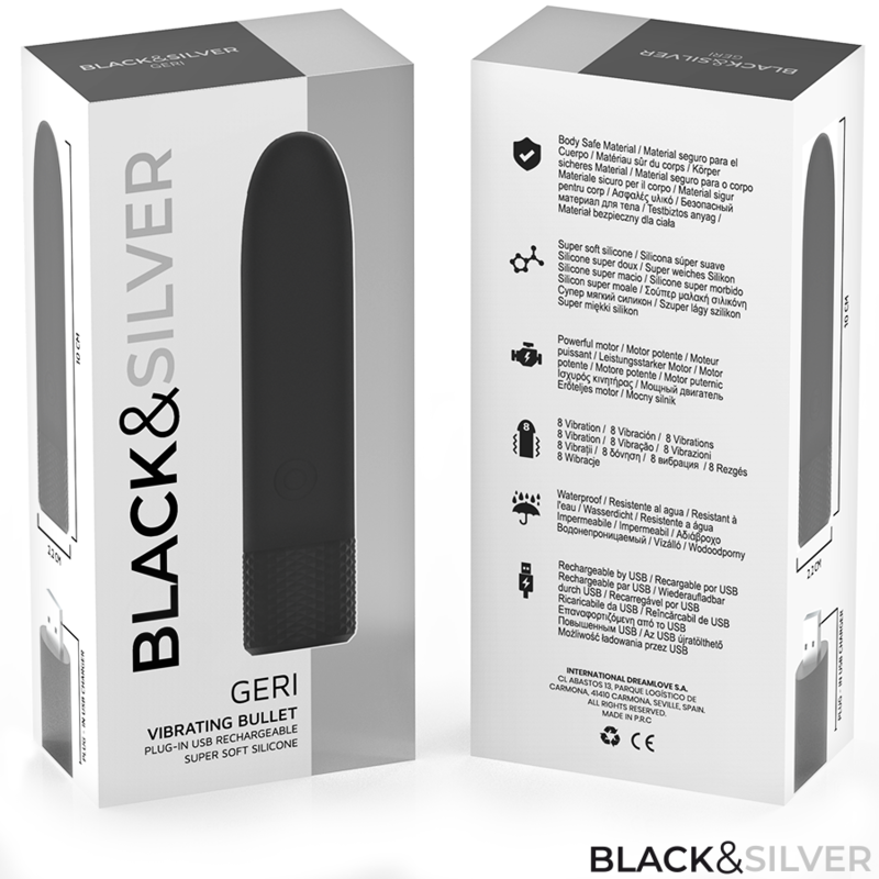 BLACK & SILVER - GERI USB RECARREGÁVEL VIBRATÓRIA BULLET 8 VIBRAÇÕES PRETO 10 X 2,2 CM