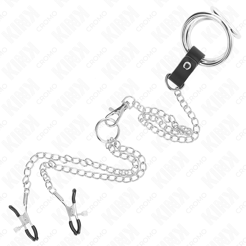 KINK - ANEL DE PÊNIS DE METAL TRIPLO CROMADO DE 3 CM A 4,5 CM COM CORRENTE DE METAL DE 26 CM E CLIPES DE MAMILO