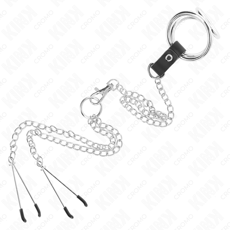 KINK - ANEL DE PÊNIS TRIPLO DE METAL CROMADO DE 3,8 CM A 5 CM COM CORRENTE DE METAL DE 26 CM E GRAMPOS DE MAMILOS MODELO 2