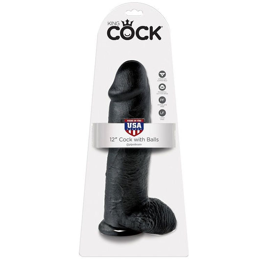 KING COCK - 12 DILDO PRETO COM BOLAS 30.48 CM