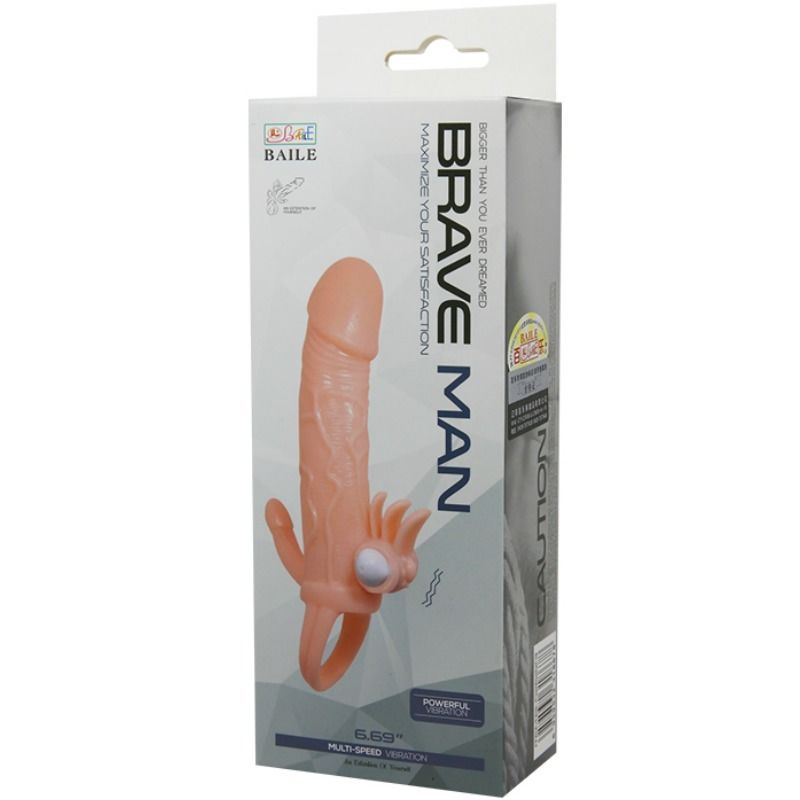 BAILE - CAPA PARA PÉNIS BRAVE MAN COM CARNE DE ESTIMULAÇÃO CLITÓRICA E ANAL 16.5 CM