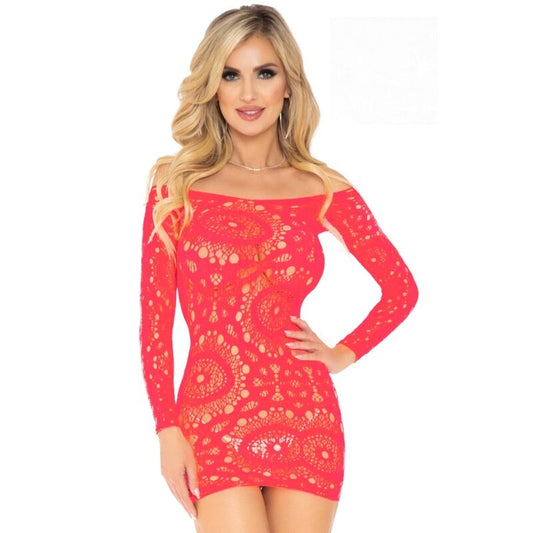 LEG AVENUE - RED LONG SLEEVE LACE CROCHET MINI DRESS ONE SIZE